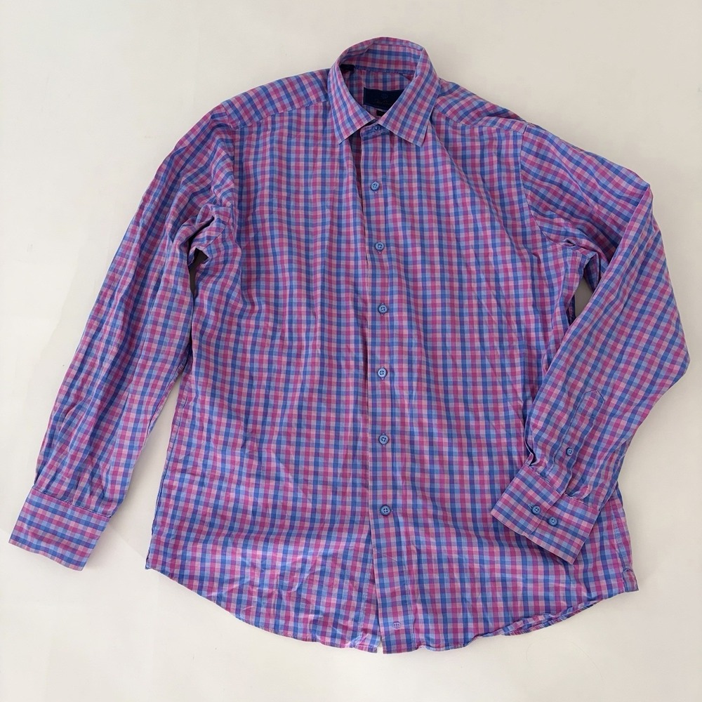 David Donahue Shirt Mens 16 Large Gingham Check‎ Button Up Fusion Cotton Career